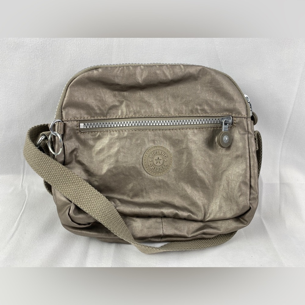 Kipling Keefe Crossbody Bag Dual Zipper Pockets Center compartment Metallic Gray